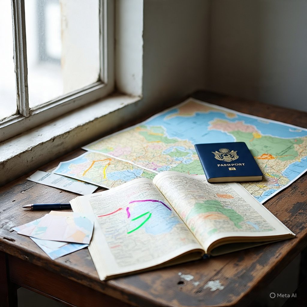 Top-view of travel planning items including maps and passport for a traveling complete guide