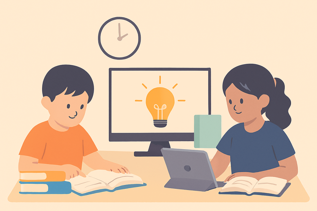 “Students learning with books and tablets at a study table.”