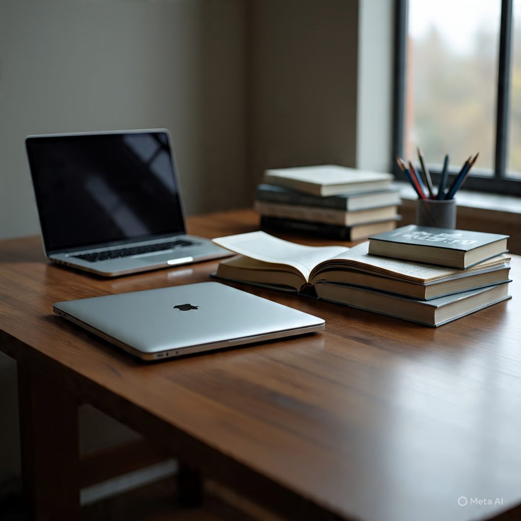 Clean study desk with digital learning tools
