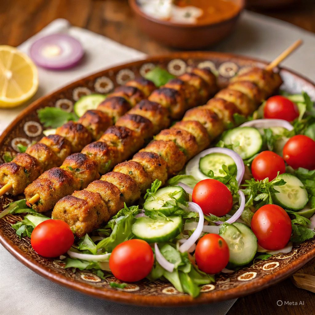 Grilled seekh kabab served on platter.