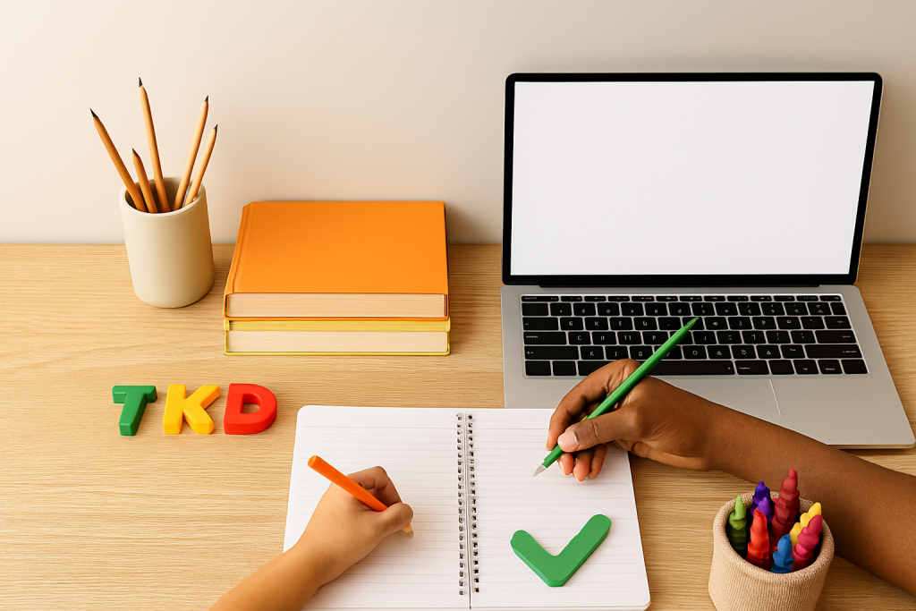 “Parents assisting children with homework at home study table.”