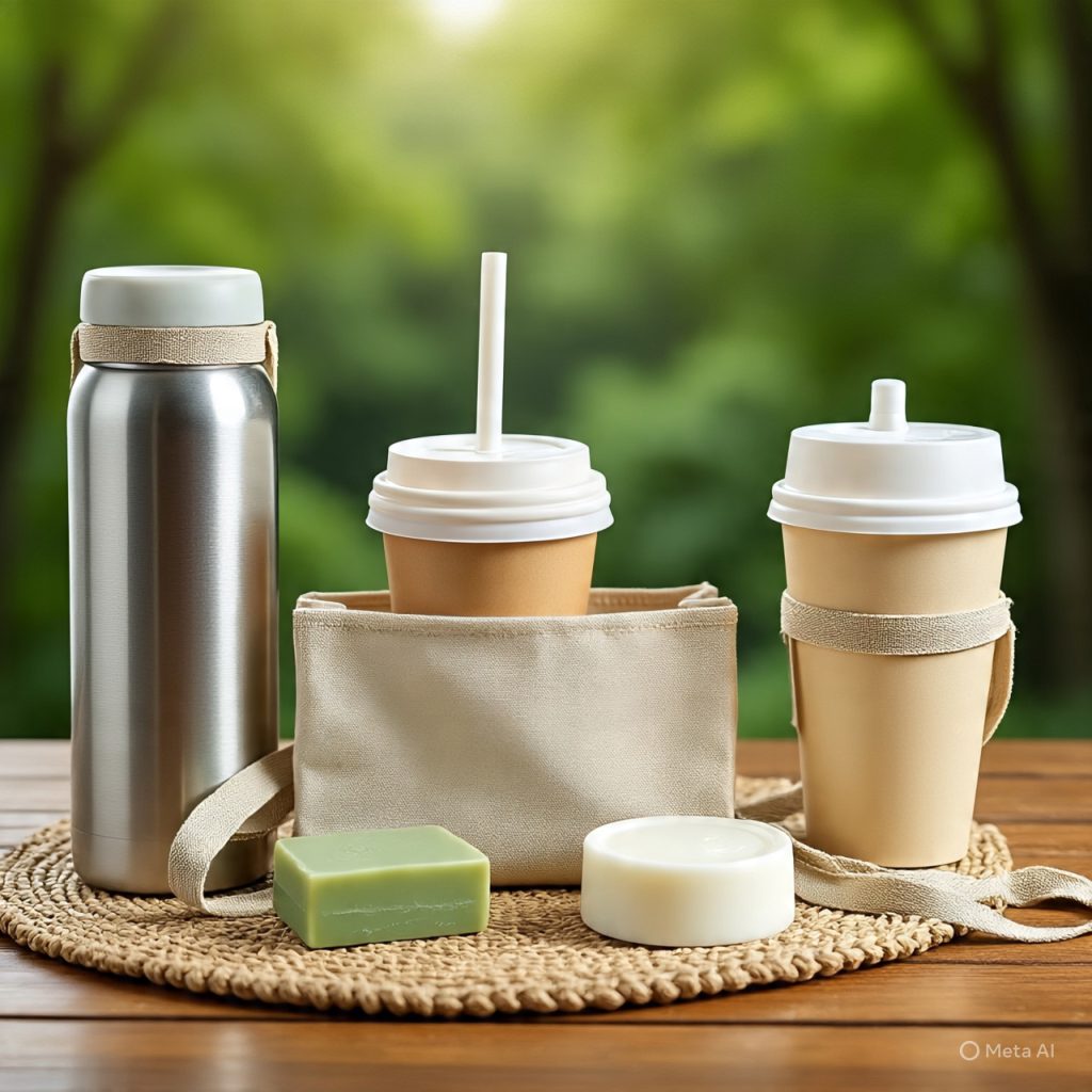 Flat-lay of eco-friendly travel accessories