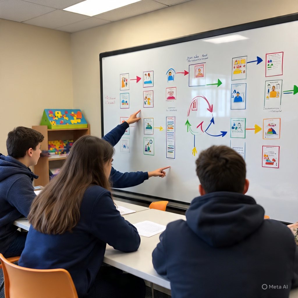 “Students viewing career guidance and skill development charts.”