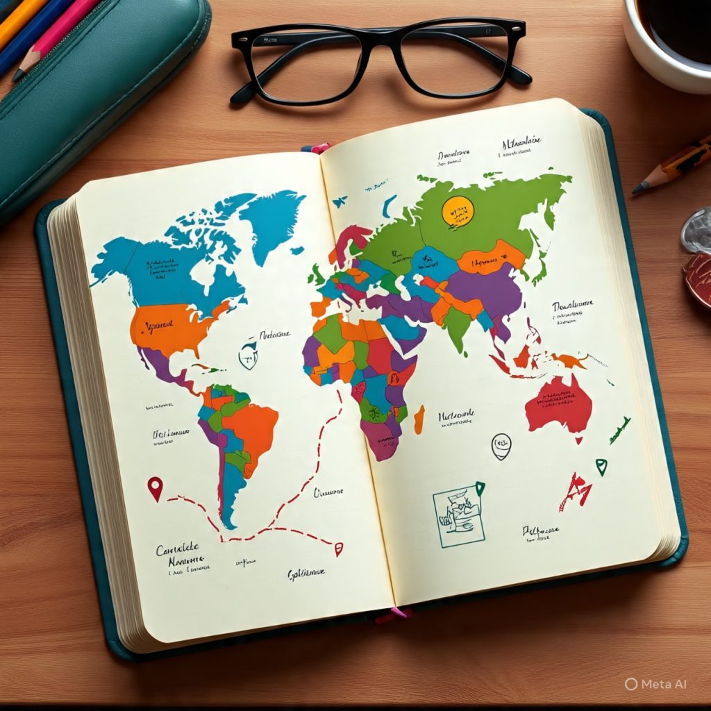 Travel journal on map background for learning journeys,