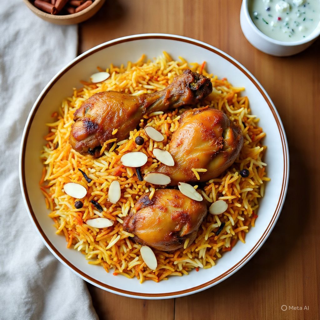 Colorful biryani with layered rice and chicken – traditional Indian and Pakistani food recipes