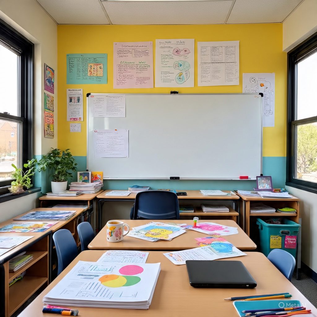 Colorful creative classroom for EDUCATION with art materials, student desks, and learning charts on the walls.
