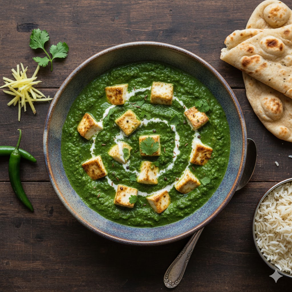 Palak paneer in smooth spinach gravy – classic Indian food recipe
