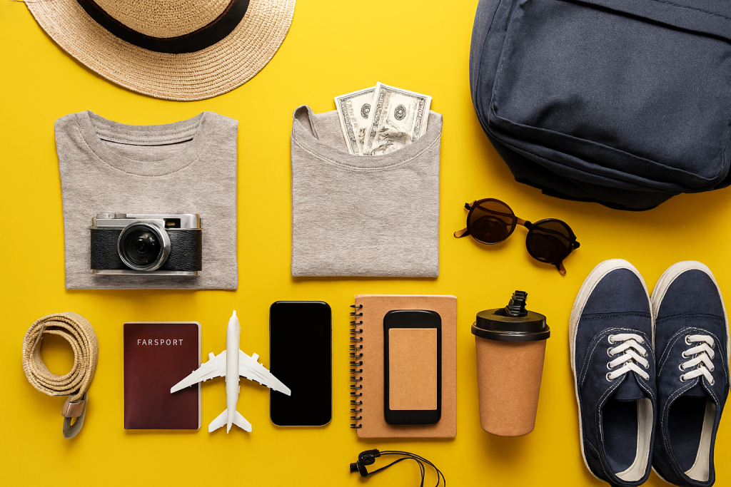 Flat-lay of travel essentials for budget planning, no people