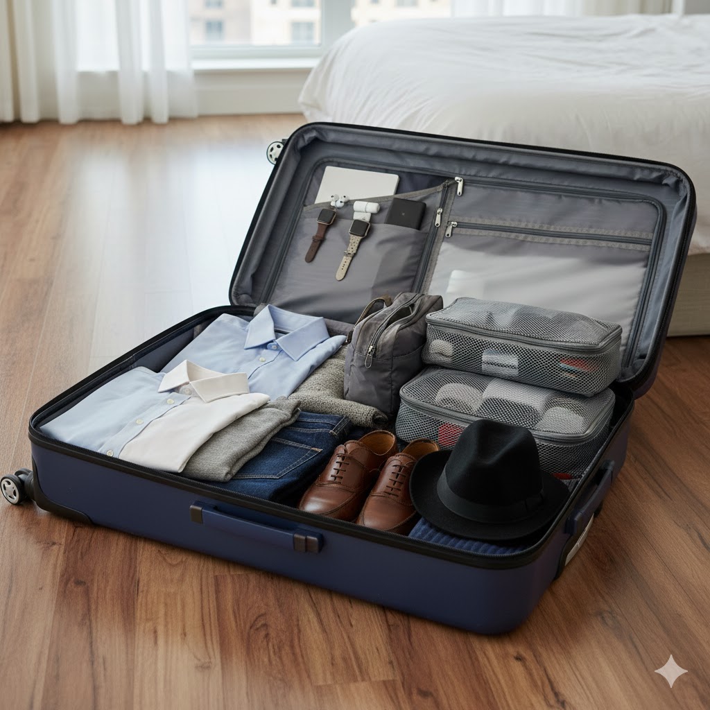 Neatly packed suitcase showing organized travel items