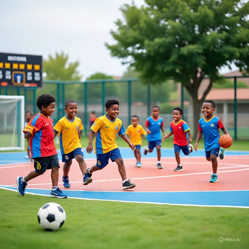 “Children playing sports on a school playground.”