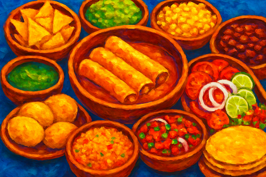 Top-view of traditional dishes and spices,