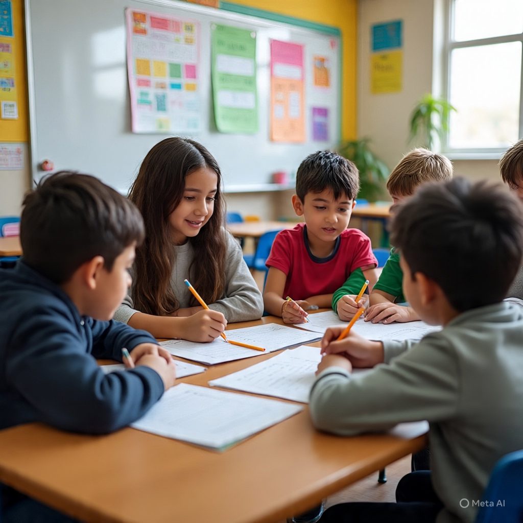 “Kids working together on a group classroom project.”