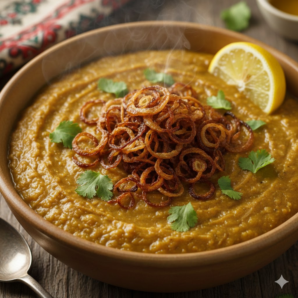 Haleem garnished with fried onions and herbs.