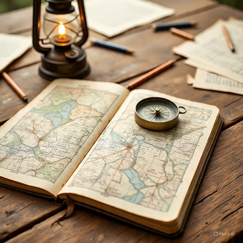 Top view of a journal showcasing meaningful traveling experiences with maps and a compass on a table
