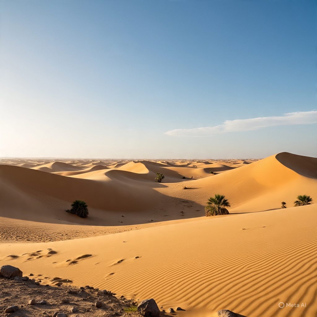 Wide desert view with golden sand dunes, no people