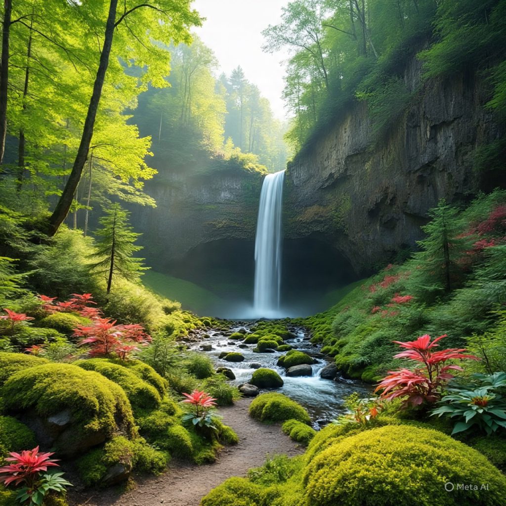Scenic waterfall surrounded by green forest, no people