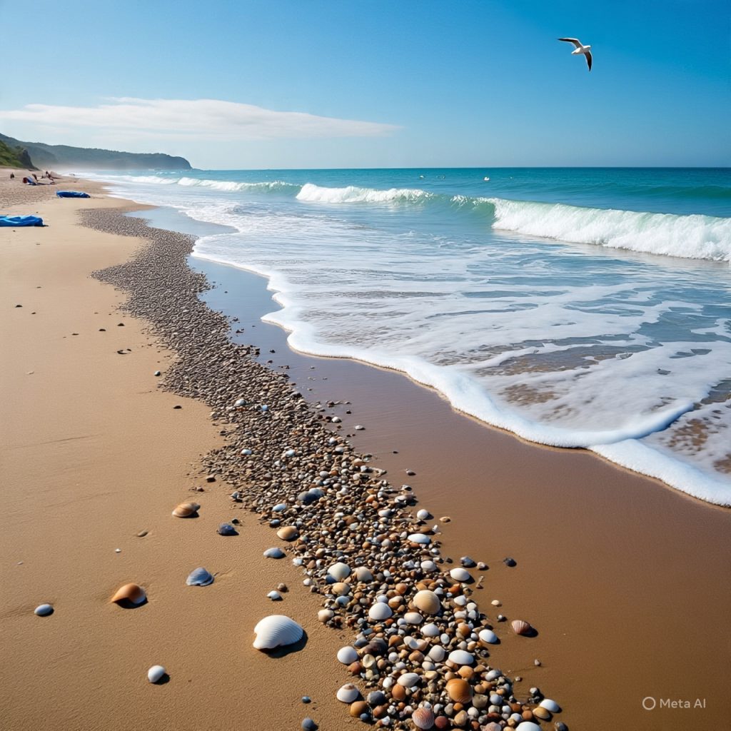 Calm sandy beach with gentle waves, no people