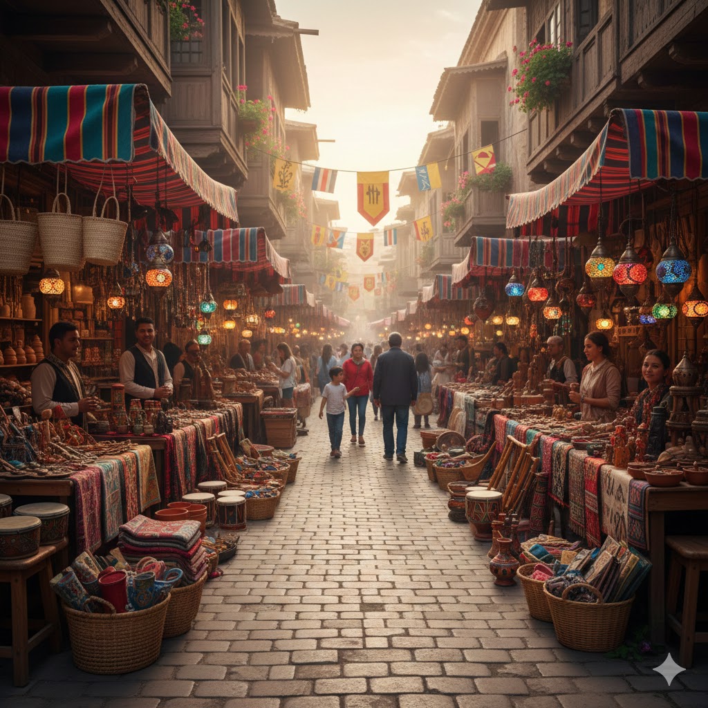Market street displaying cultural craft items, no people