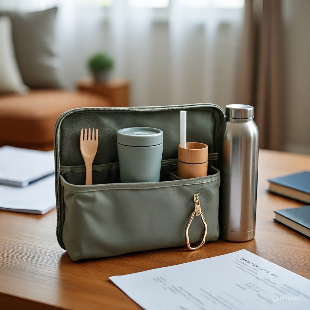 Flat-lay of eco-friendly travel products, no people