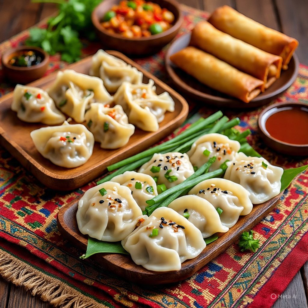 Top-view of assorted regional foods, 