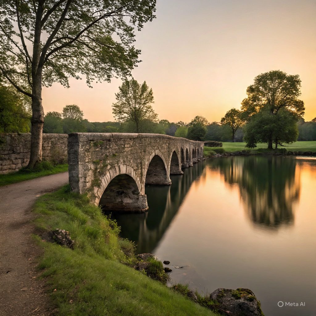 Historic stone bridge above still water,