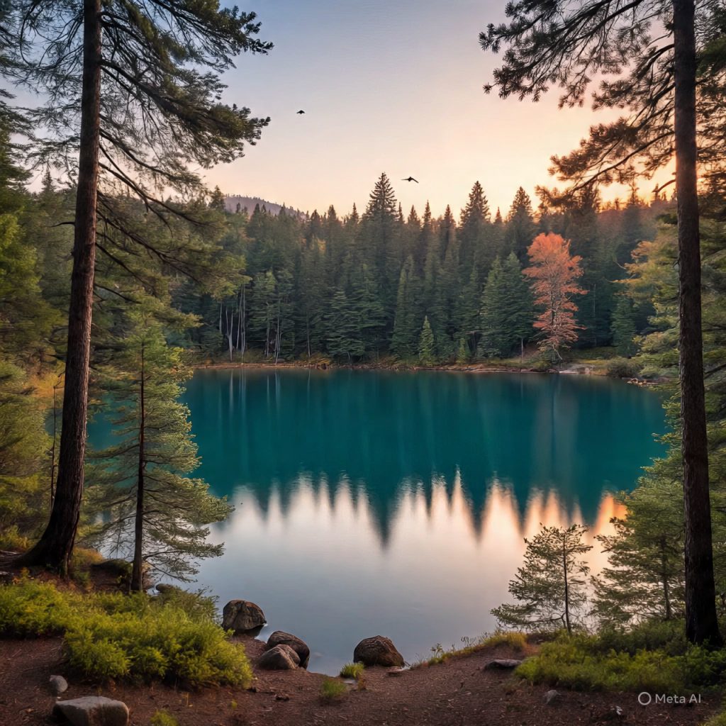 Peaceful lake with dense green trees,