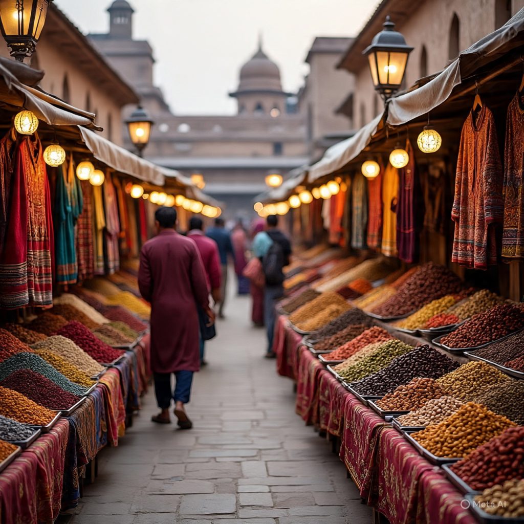 Traditional crafts displayed in market street,