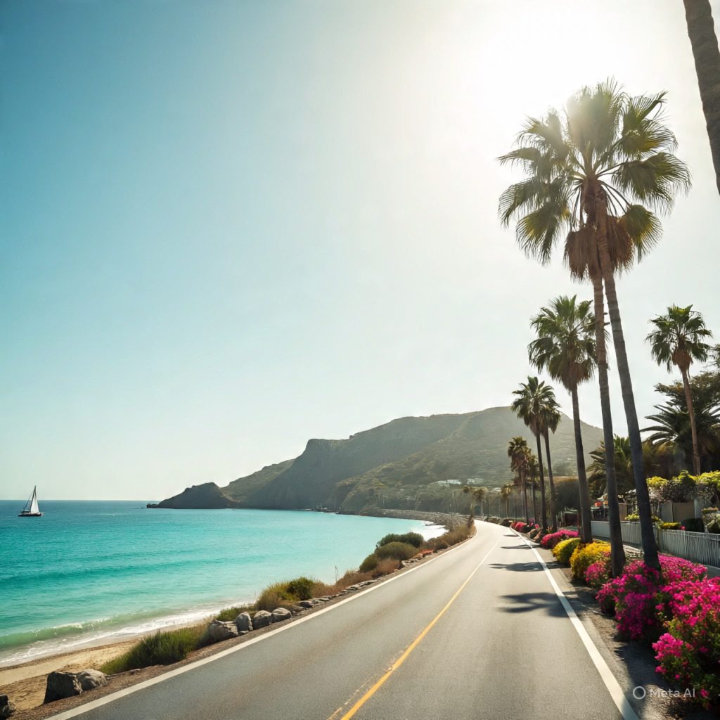 Curved coastal road with blue ocean,