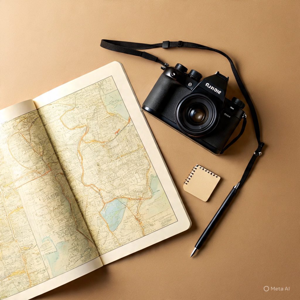 Travel gear arranged neatly on table,