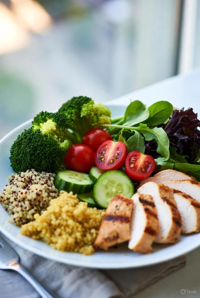 Healthy Living balanced meal with whole grains, vegetables, and healthy fats