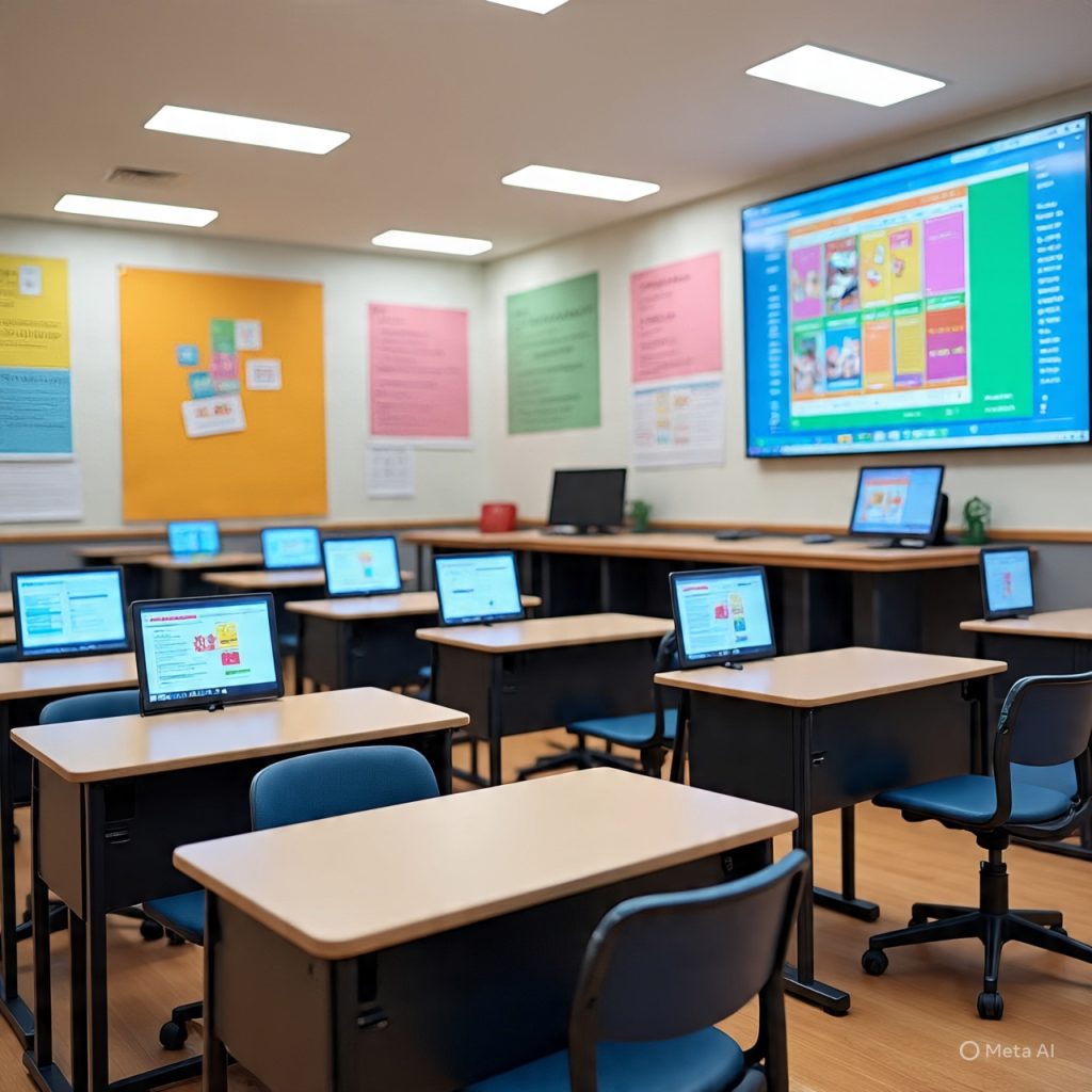 Modern classroom interior with learning materials
