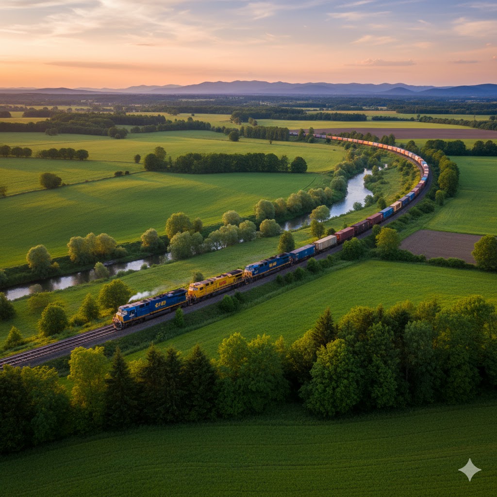 Scenic train journey through fields