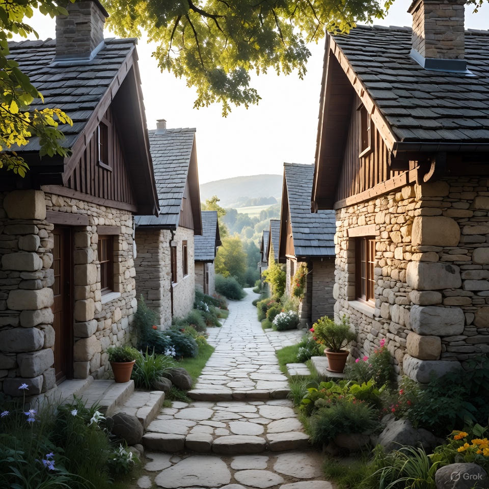 Stone village street with natural charm