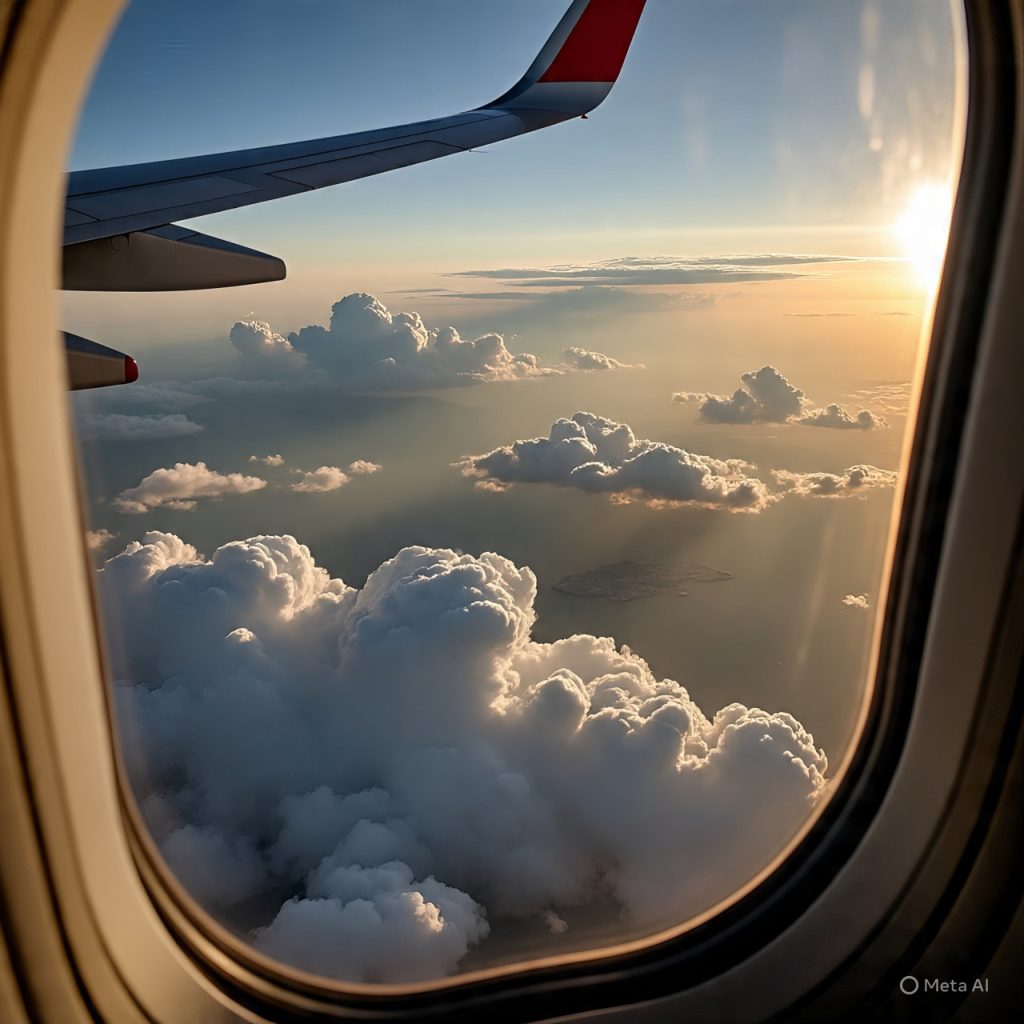 Cloudy sky view from airplane window