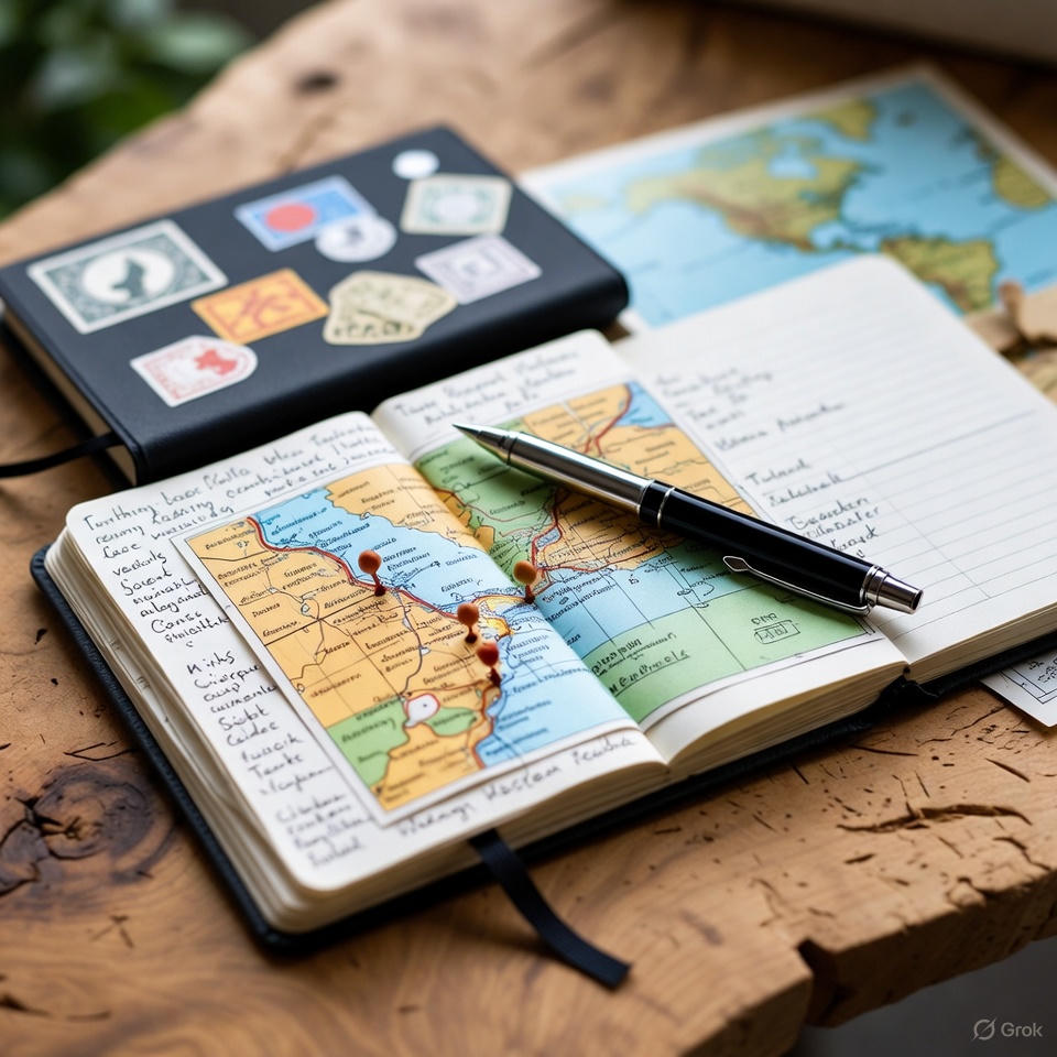 Travel notebook placed on map for traveling tips