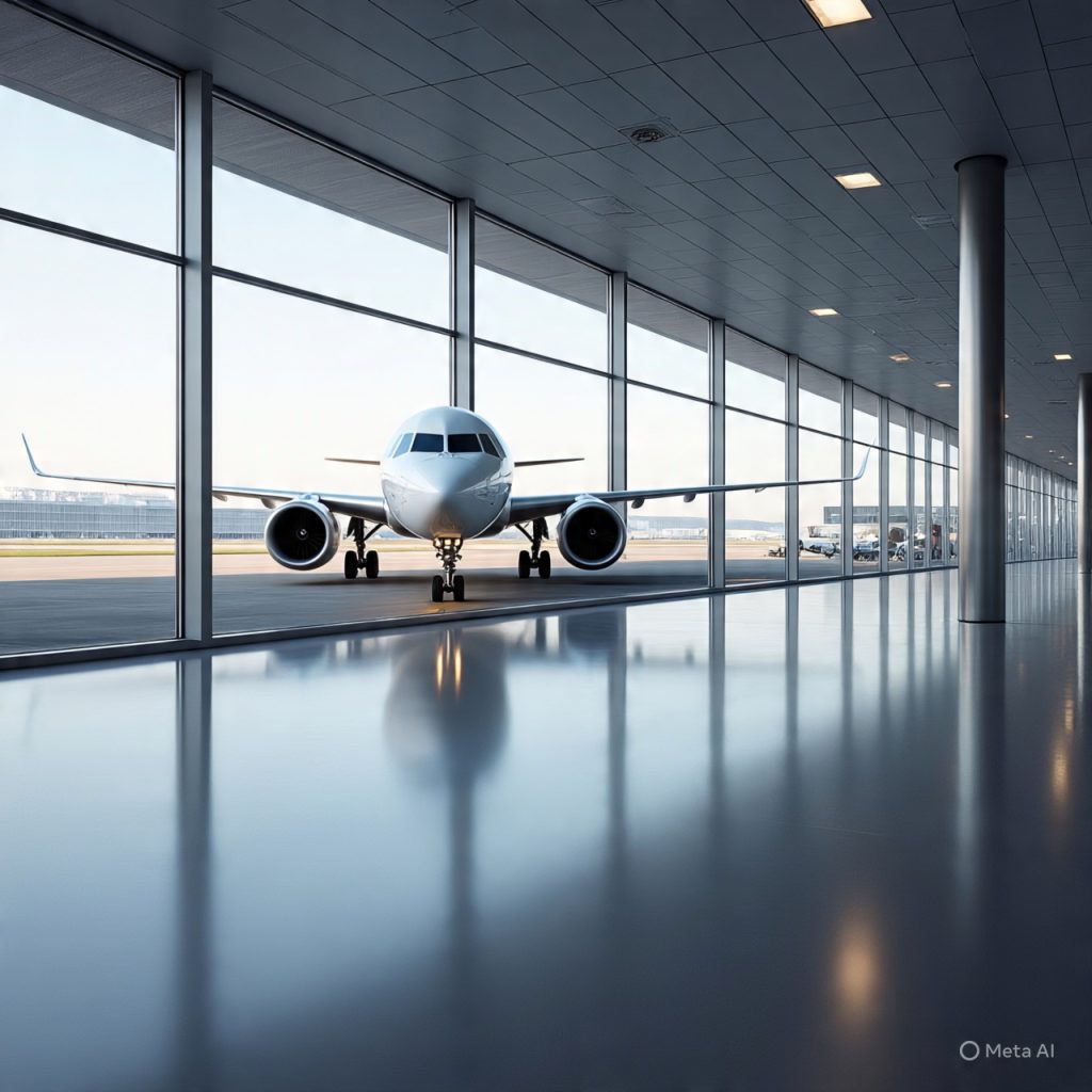 Quiet airport view with aircraft on runway