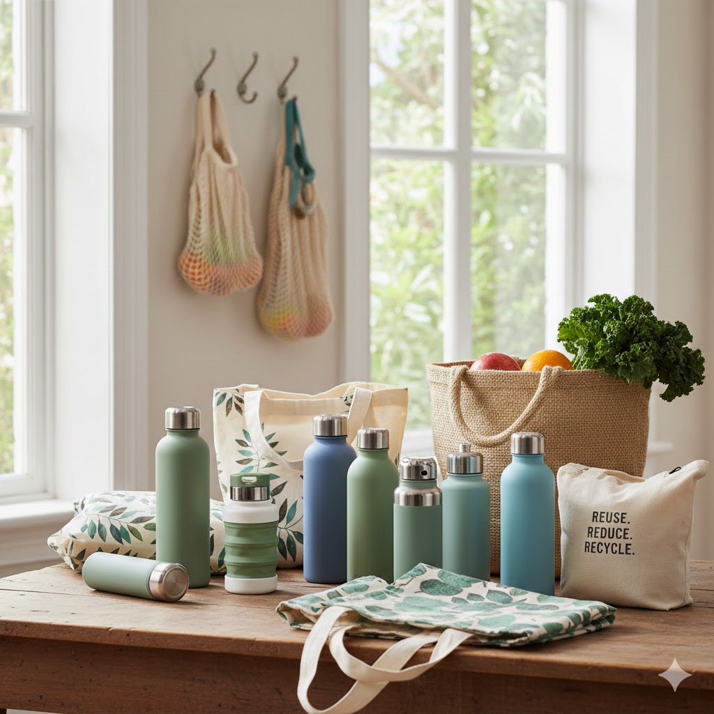 Sustainable travel items placed together