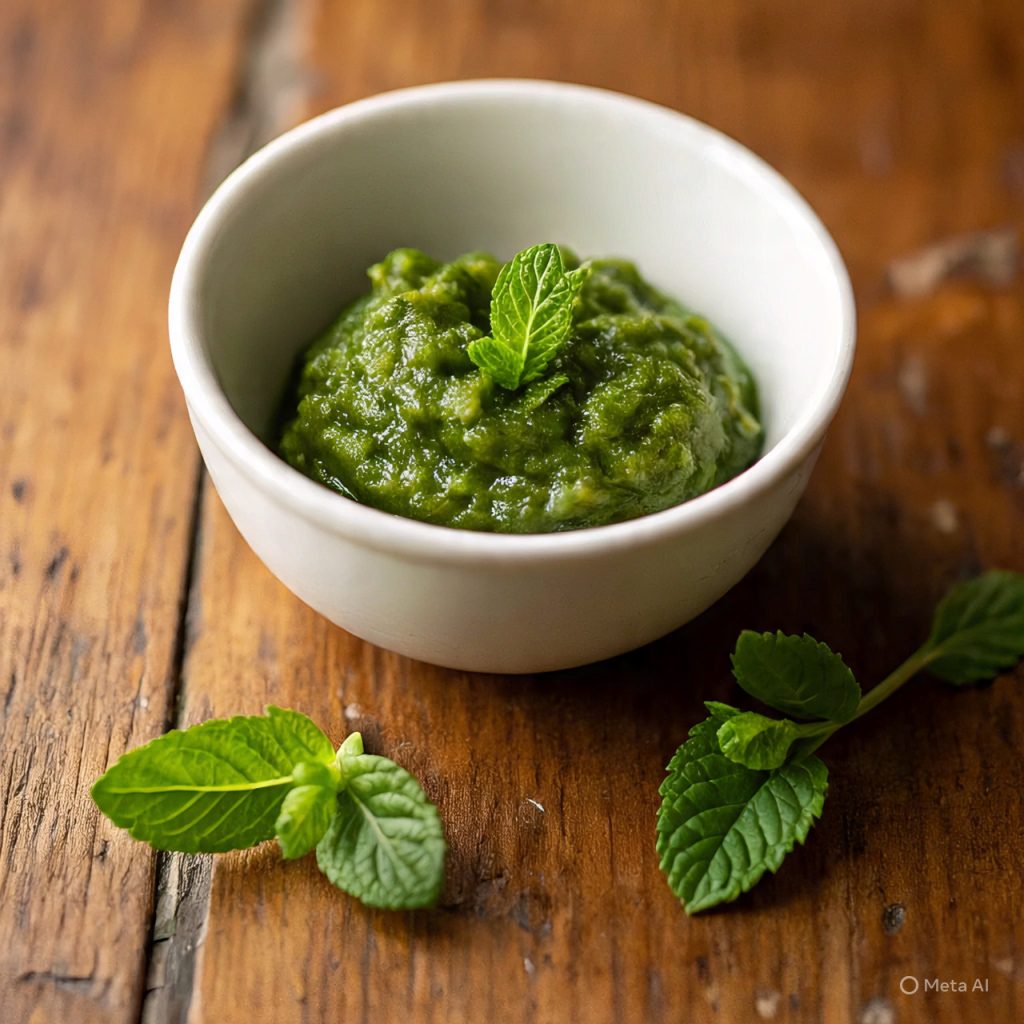 Fresh green chutney in white bowl with herbs