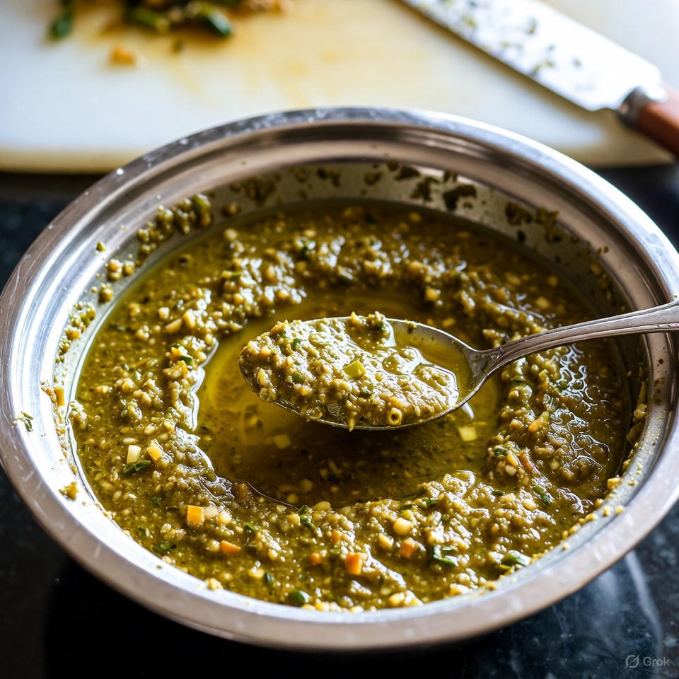 Hari chutney served in a steel bowl with a steel spoon on top, a knife placed beside the bowl, ready for serving or cooking