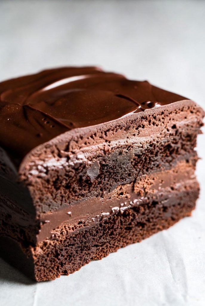 “Glossy double chocolate fudge cake