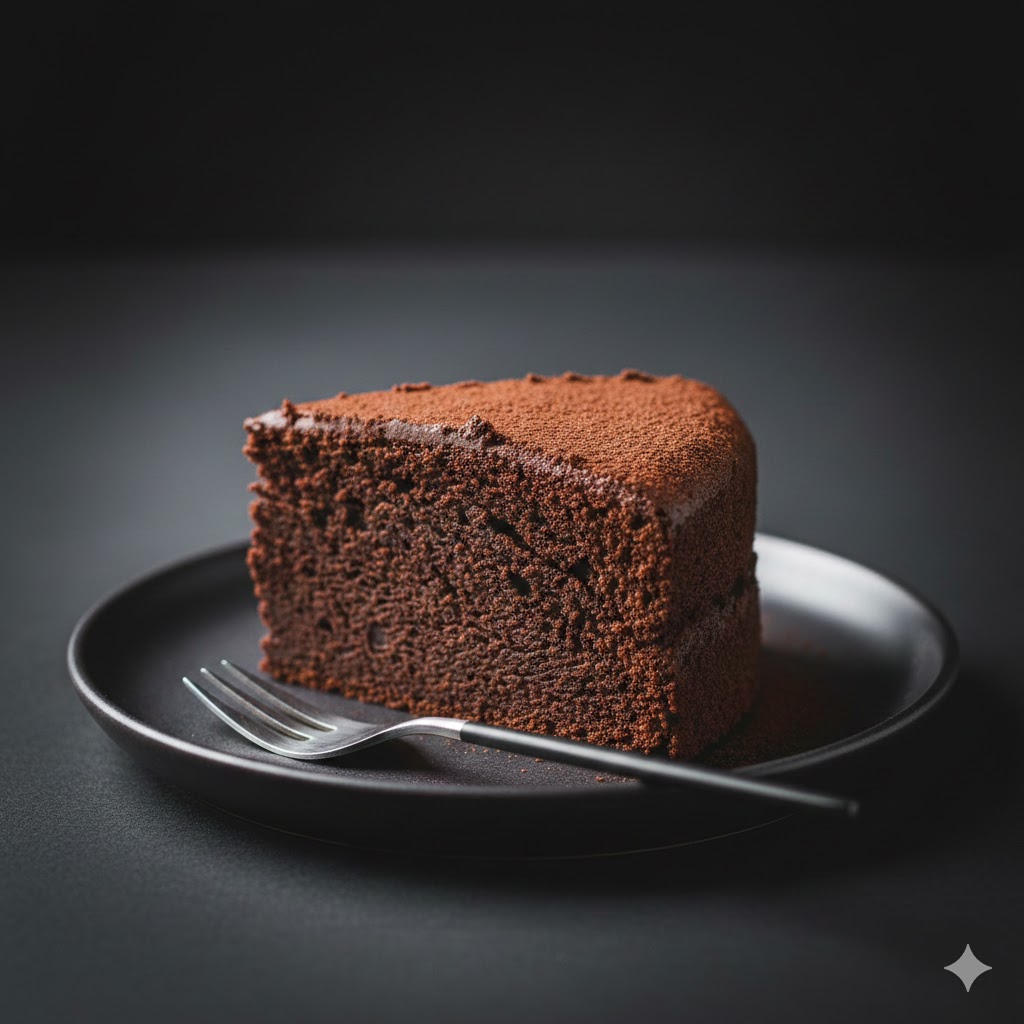 Slice of dark chocolate cake with rich cocoa flavor