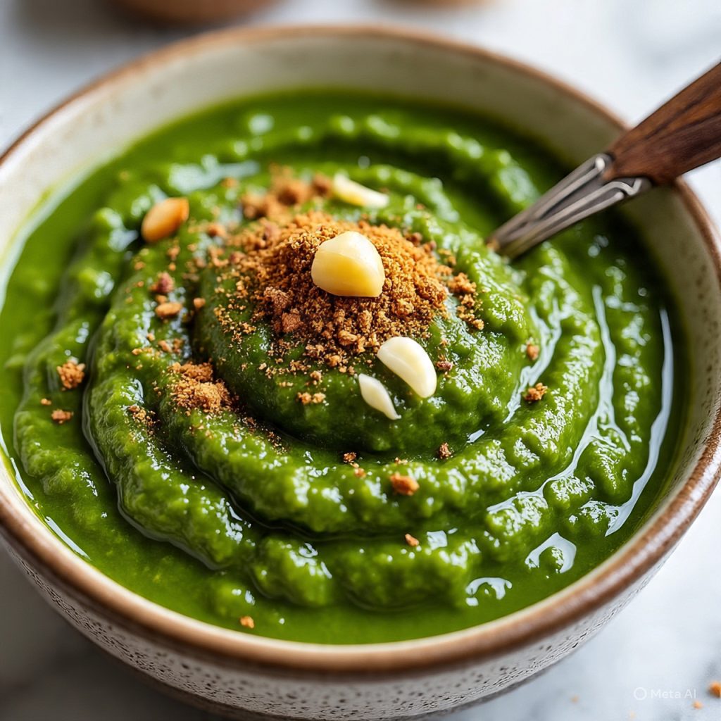 Close-up of green chutney texture with garlic