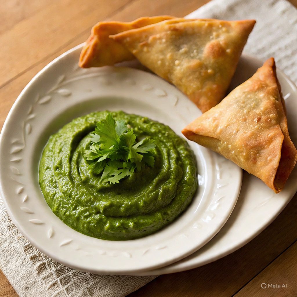Green chutney served with samosa plate