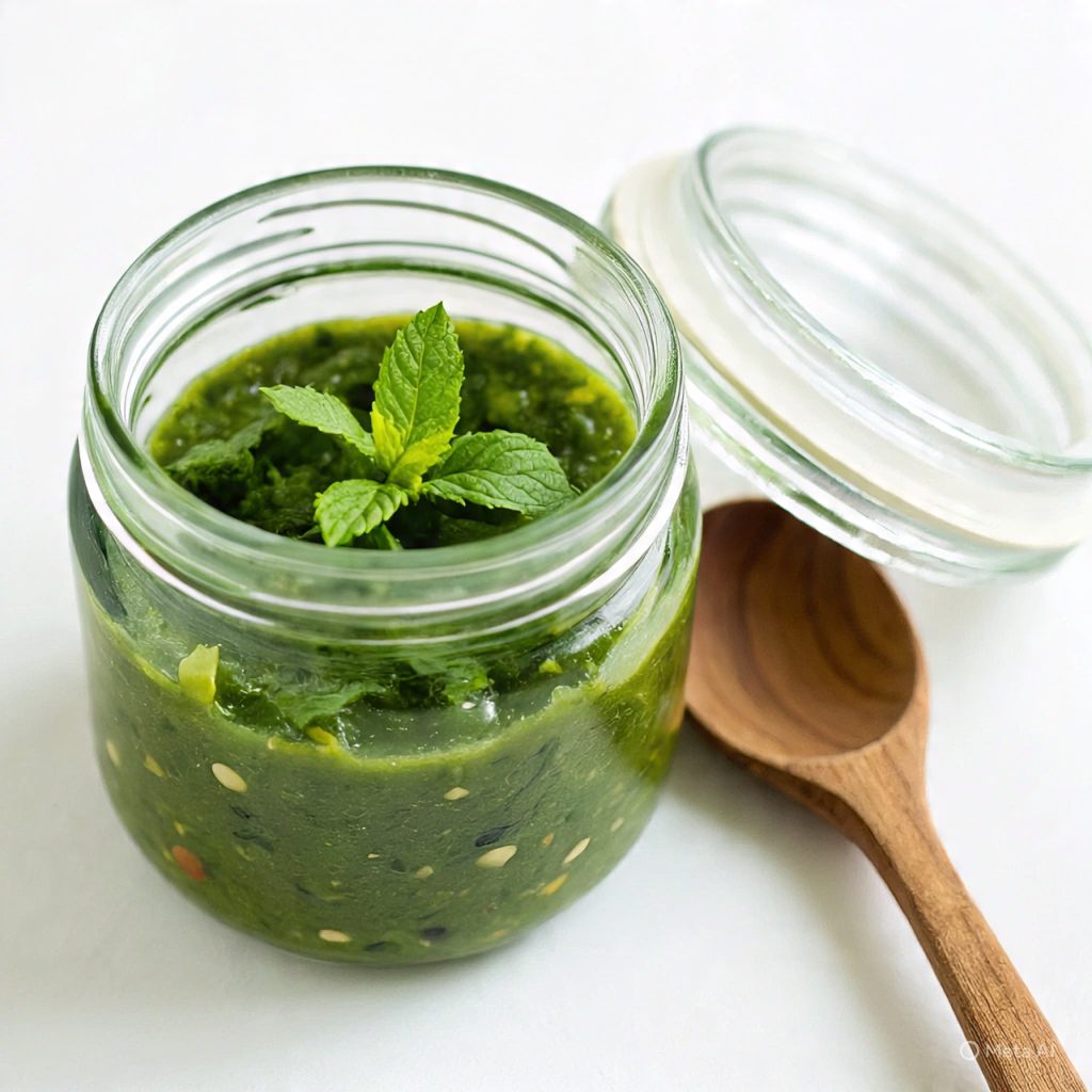 Blended green chutney with coriander and mint