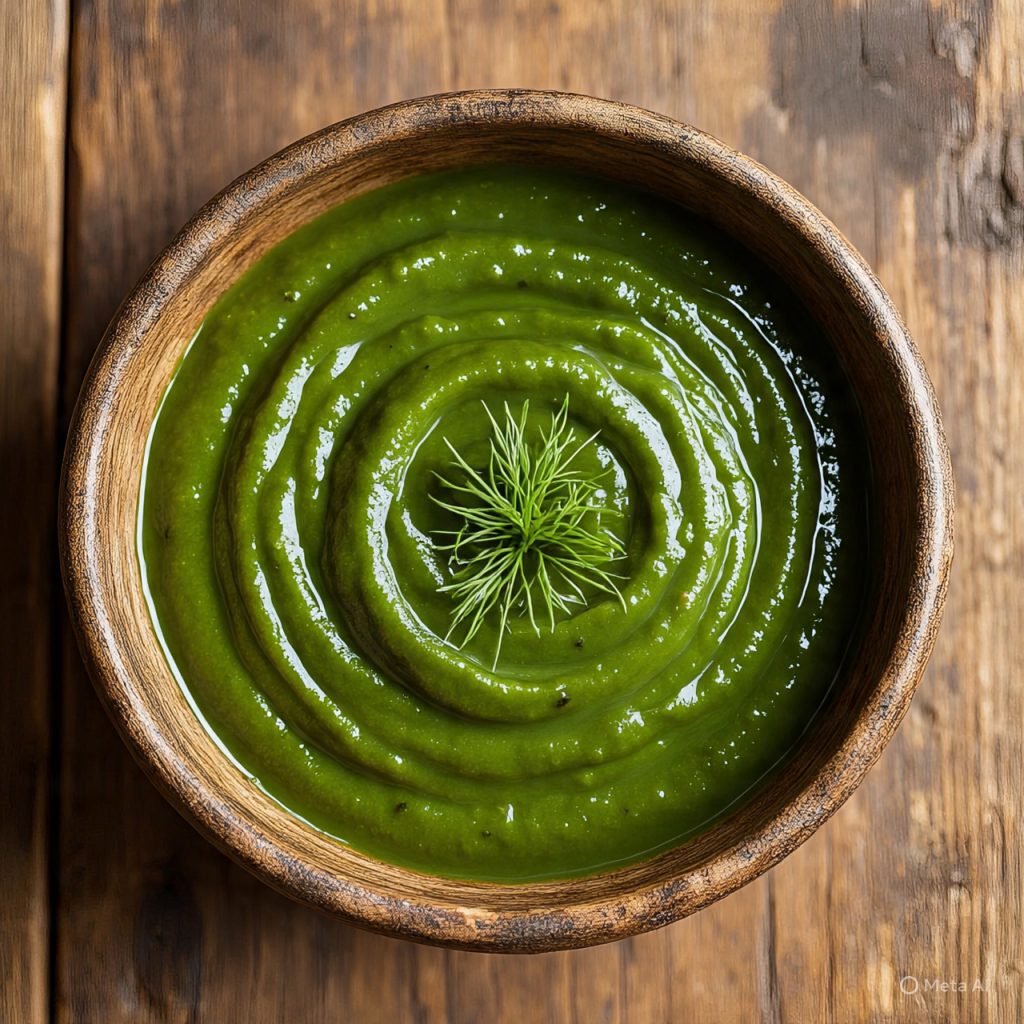 Green chutney swirl in rustic bowl