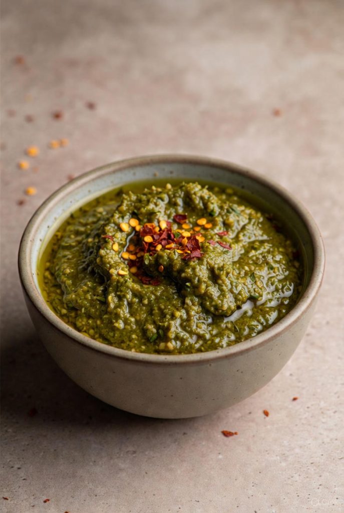 Thick green chutney with chili flakes