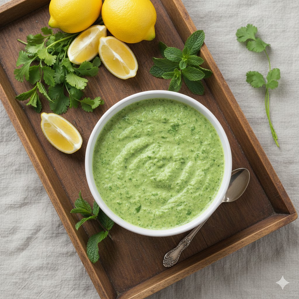 Lemon green chutney on wooden tray