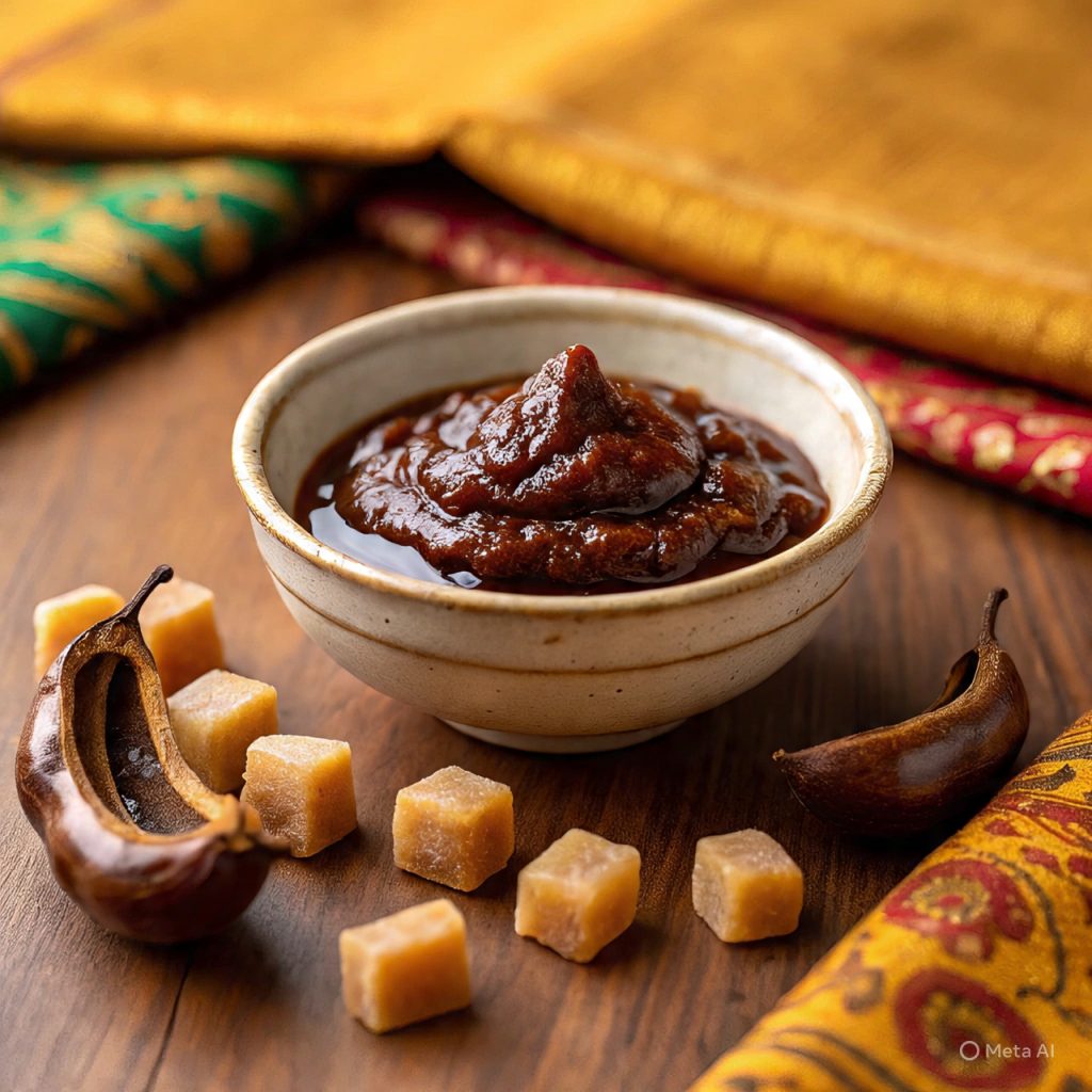 Glossy tamarind chutney with jaggery and pods