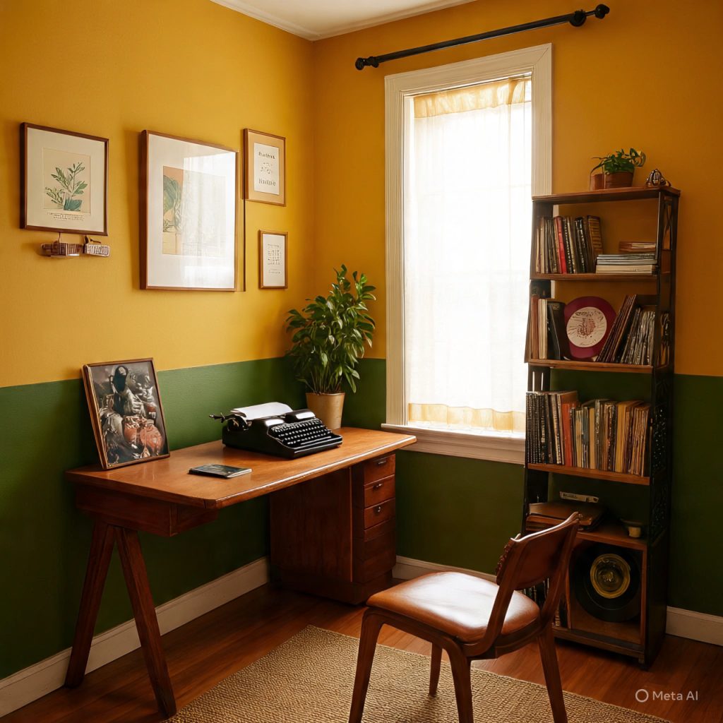 70s home office with warm earthy colors and walnut furniture
