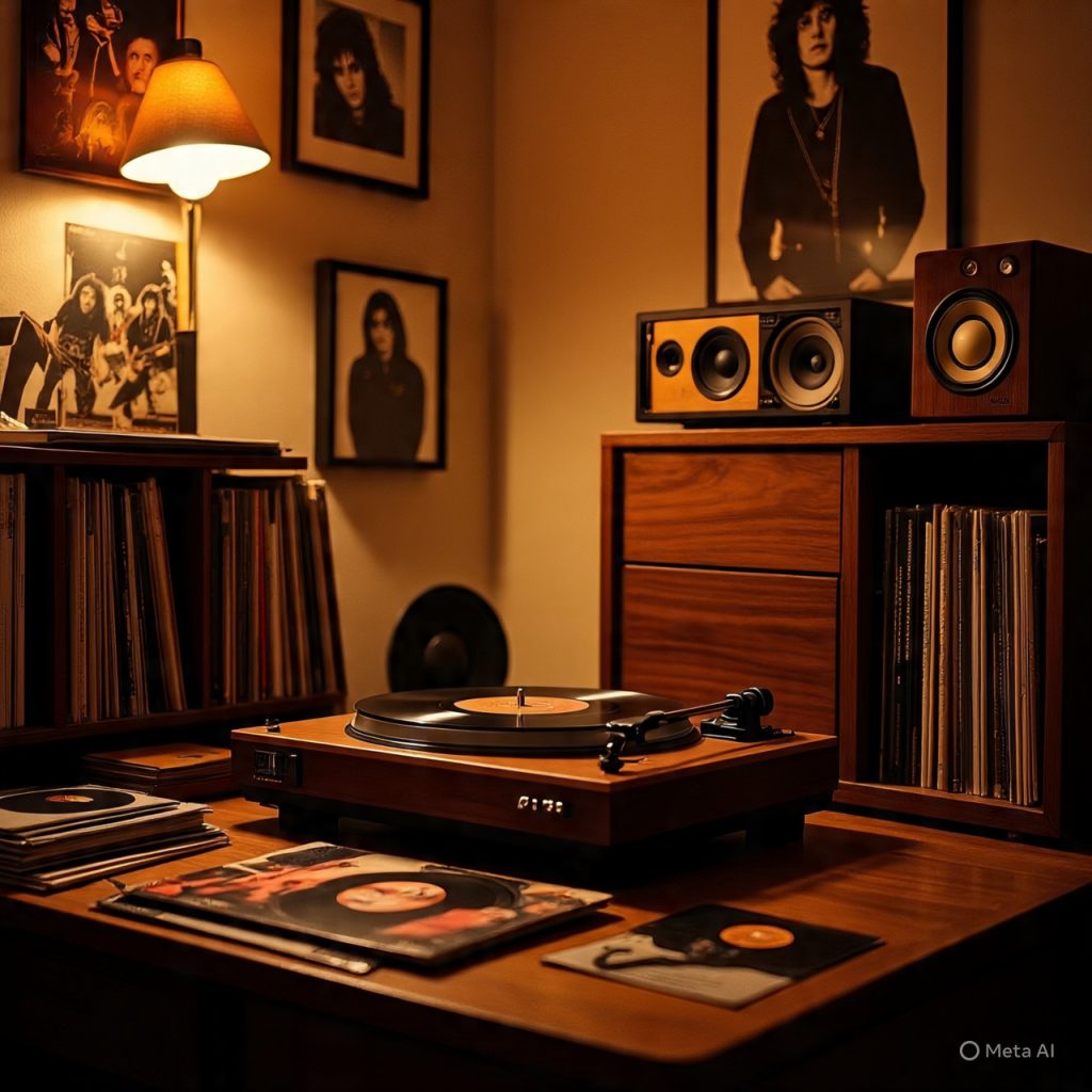 Home office decorated with 70s music elements